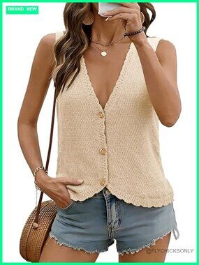 Sleeveless V-Neck Crochet Knit Button Down Vest Tank Top Summer Beach Vacation